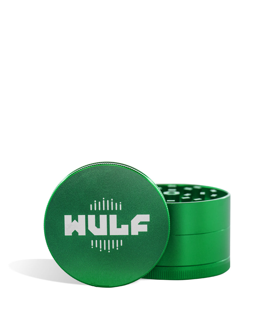 Green lid front view Wulf Mods 65mm 4pc Grinder on white studio background