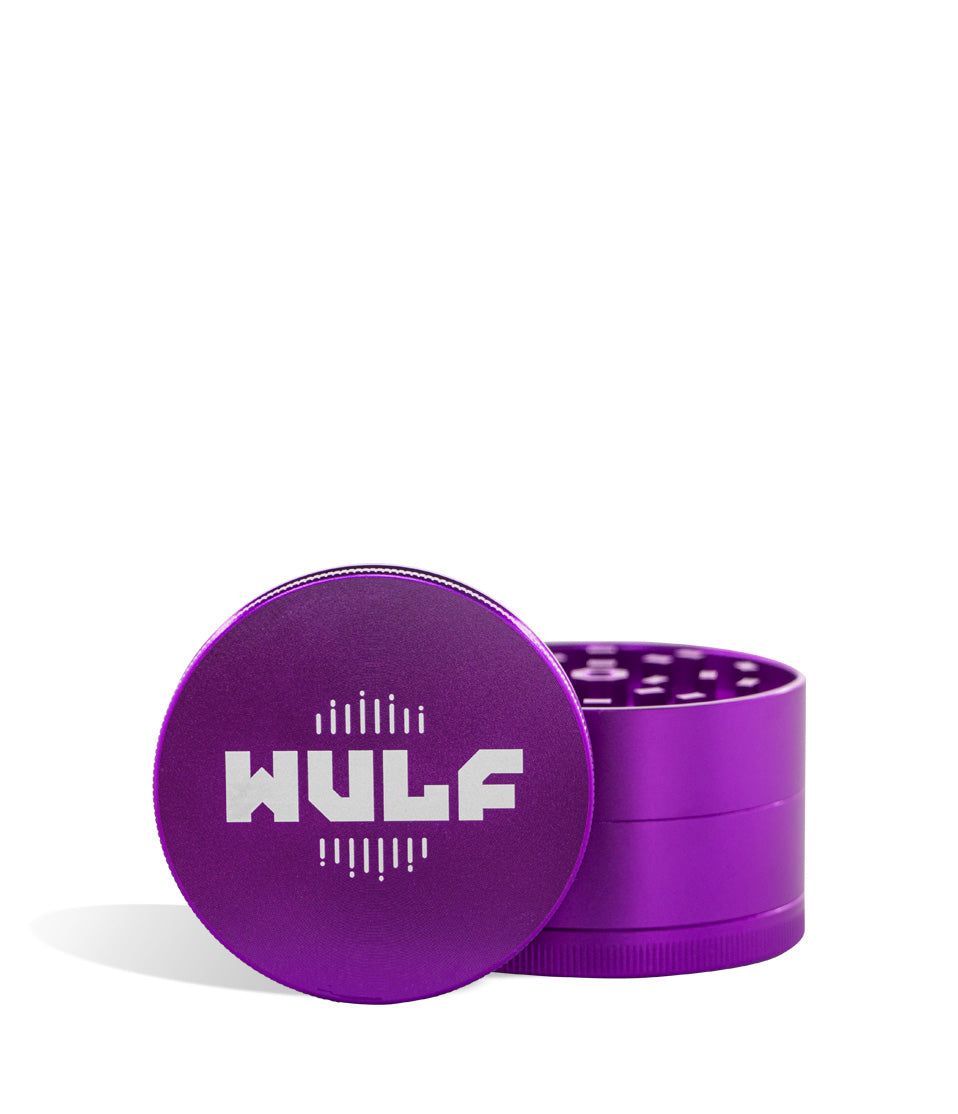 Purple lid front view Wulf Mods 65mm 4pc Grinder on white studio background