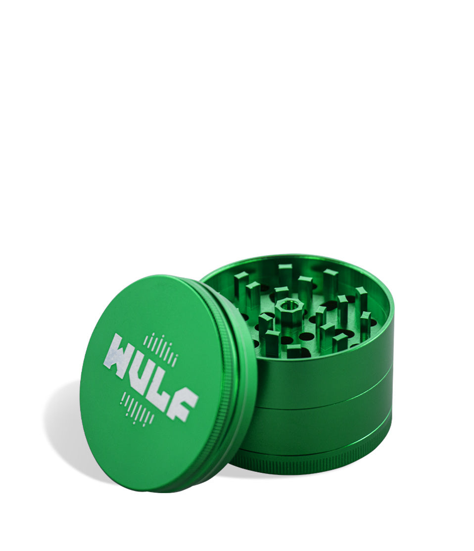 Green above view Wulf Mods 65mm 4pc Grinder on white studio background