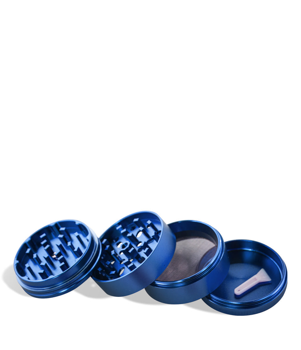 Blue open Wulf Mods 65mm 4pc Grinder on white studio background