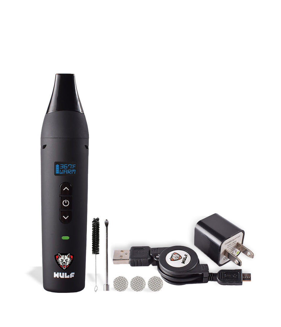 Black front view with accessories Wulf Mods LX Vaporizer on white studio background