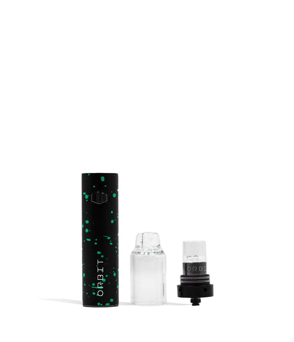 Black Green Spatter apart Wulf Mods Orbit Concentrate Vaporizer on white studio background