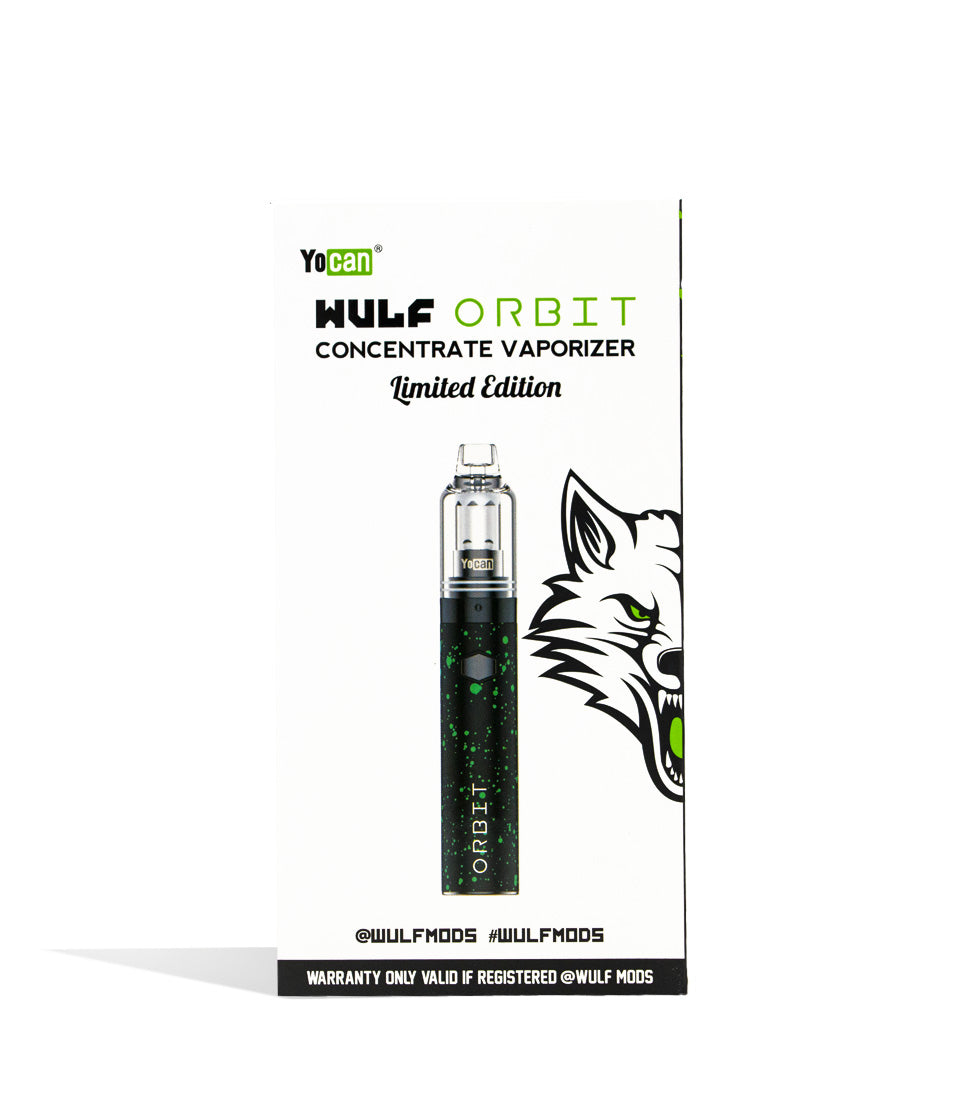 Black Green Spatter front view Wulf Mods Orbit Concentrate Vaporizer Packaging on white studio background