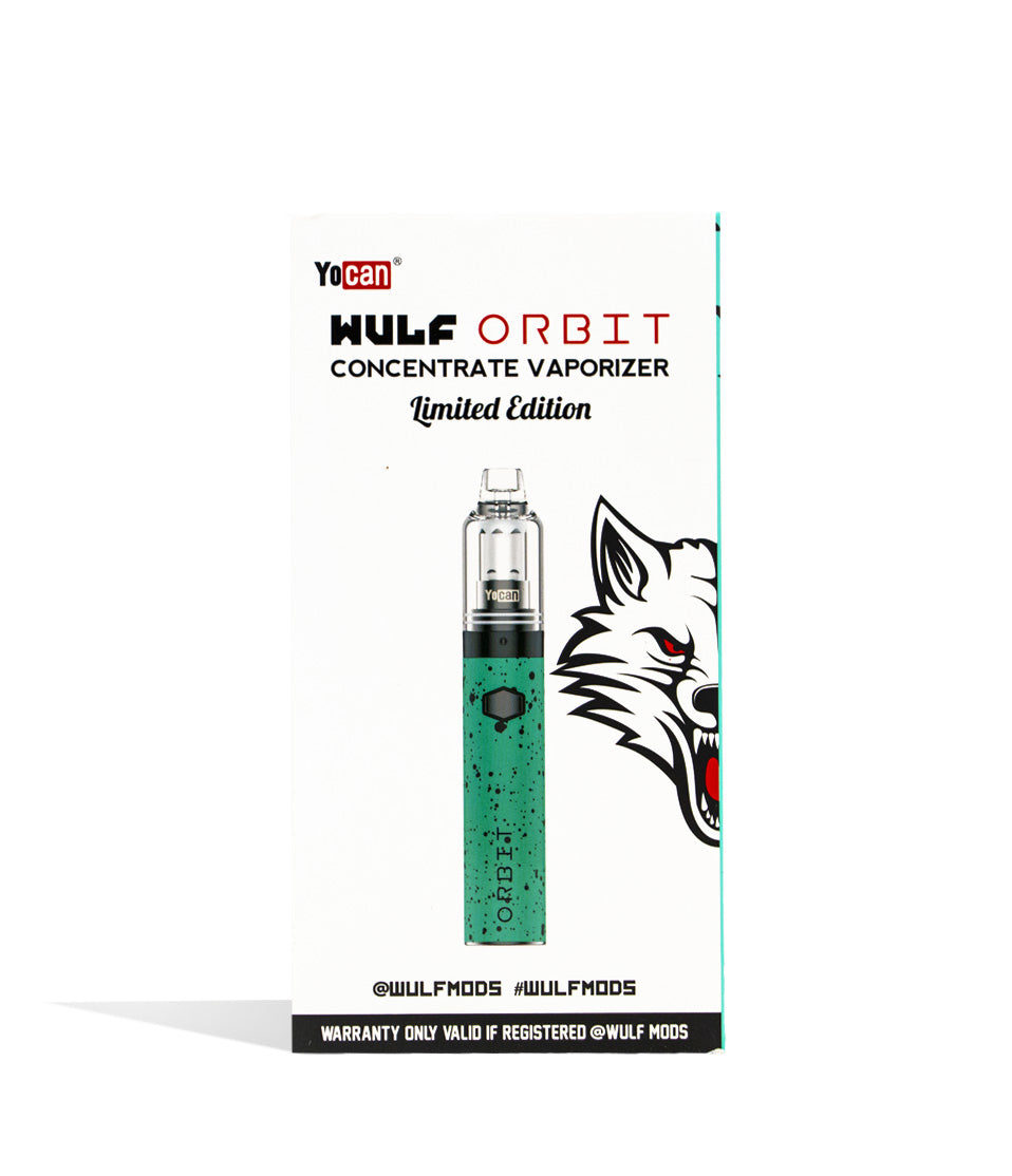 Teal Black Spatter front view Wulf Mods Orbit Concentrate Vaporizer Packaging on white studio background