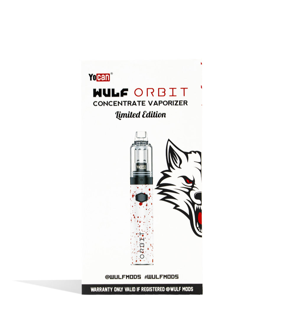 White Red Spatter front view Wulf Mods Orbit Concentrate Vaporizer Packaging on white studio background