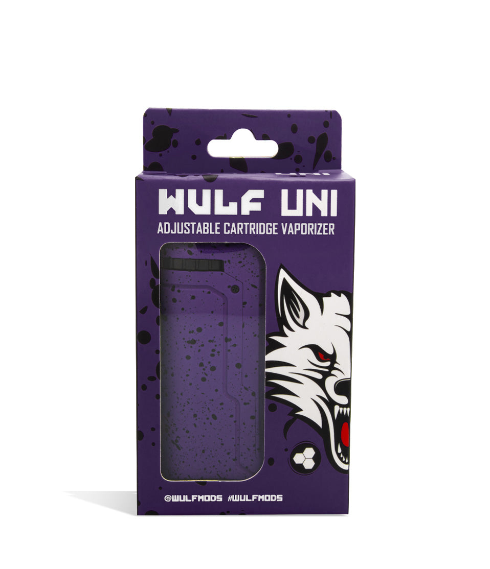 Purple Black Spatter Box front view Wulf Mods UNI Adjustable Cartridge Vaporizer on white studio background\