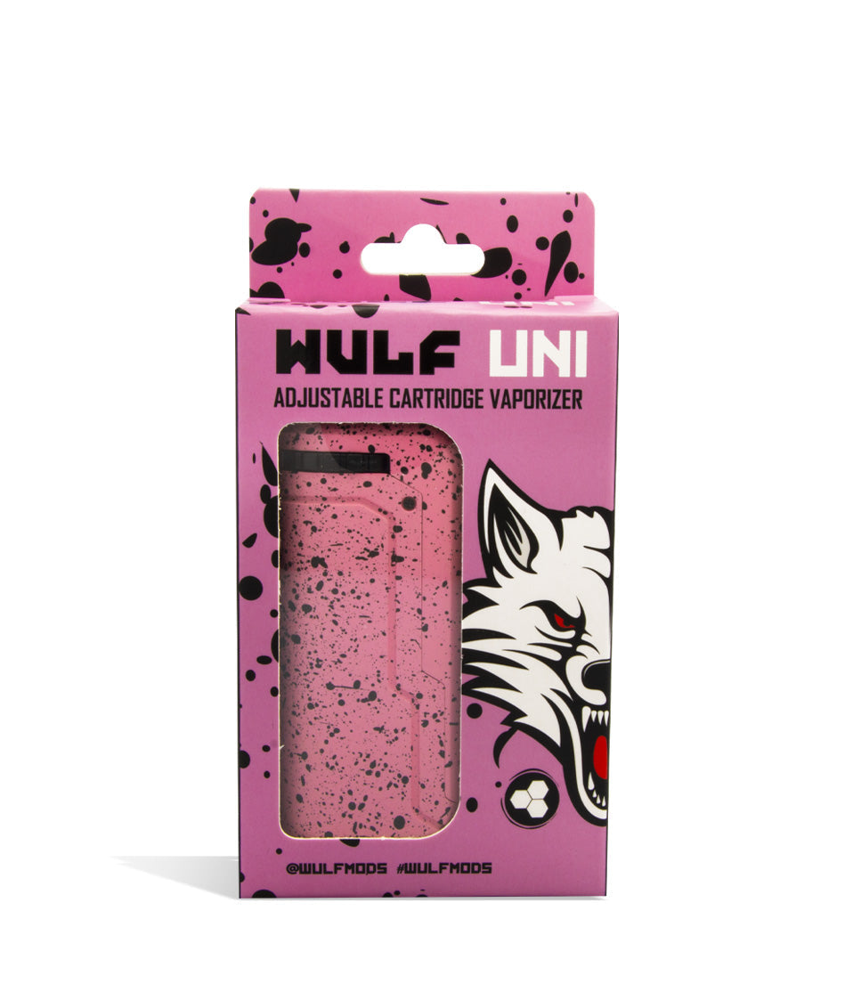 Pink Black Spatter Box front view Wulf Mods UNI Adjustable Cartridge Vaporizer on white studio background