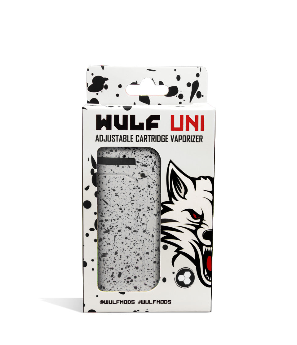 White Black Spatter Box front view Wulf Mods UNI Adjustable Cartridge Vaporizer on white studio background