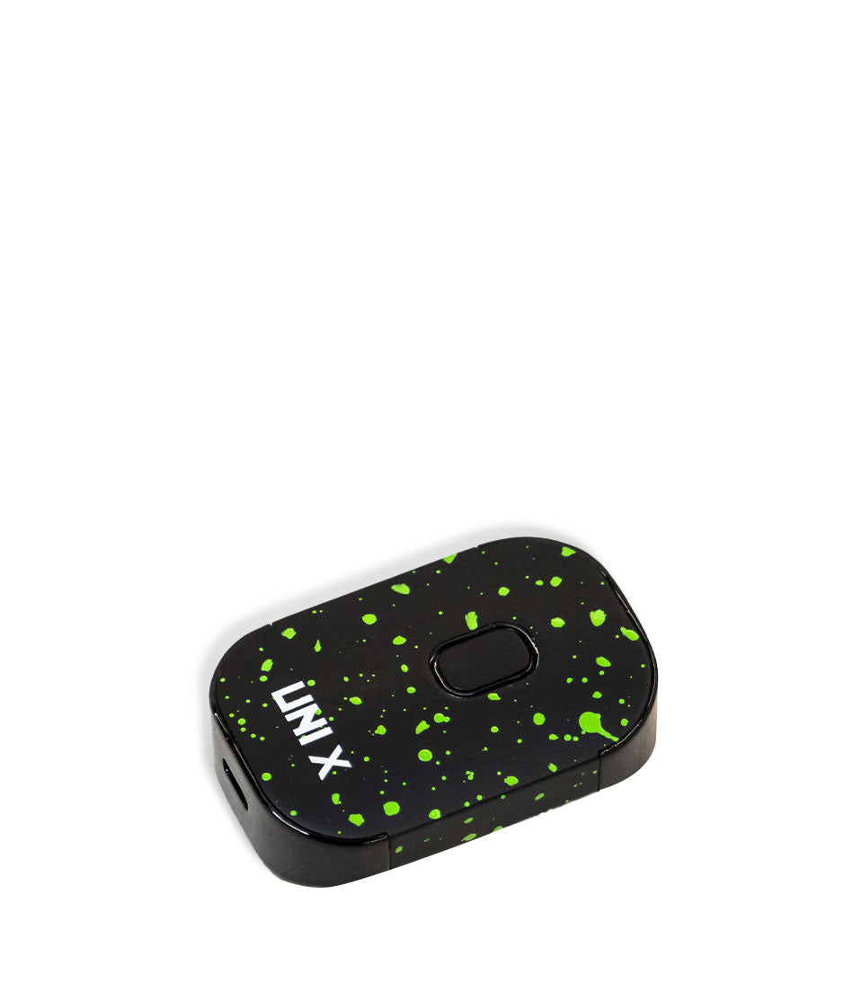 Black Green Spatter Wulf Mods UNI X Cartridge Vaporizer laying down on white background