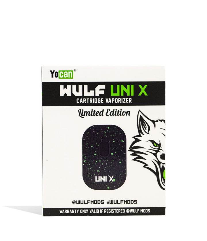 Black Green Spatter Wulf Mods UNI X Cartridge Vaporizer Box on white background