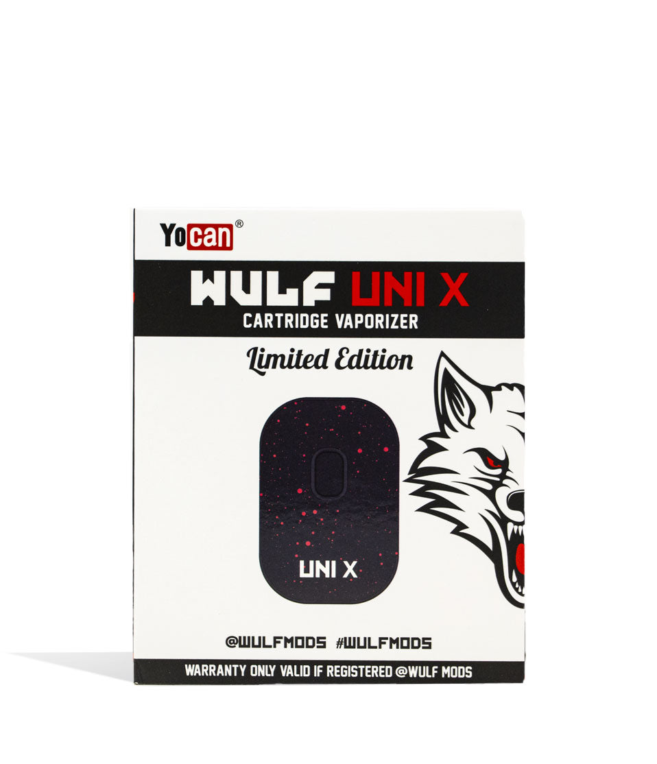 Black Red Spatter Wulf Mods UNI X Cartridge Vaporizer Box on white background