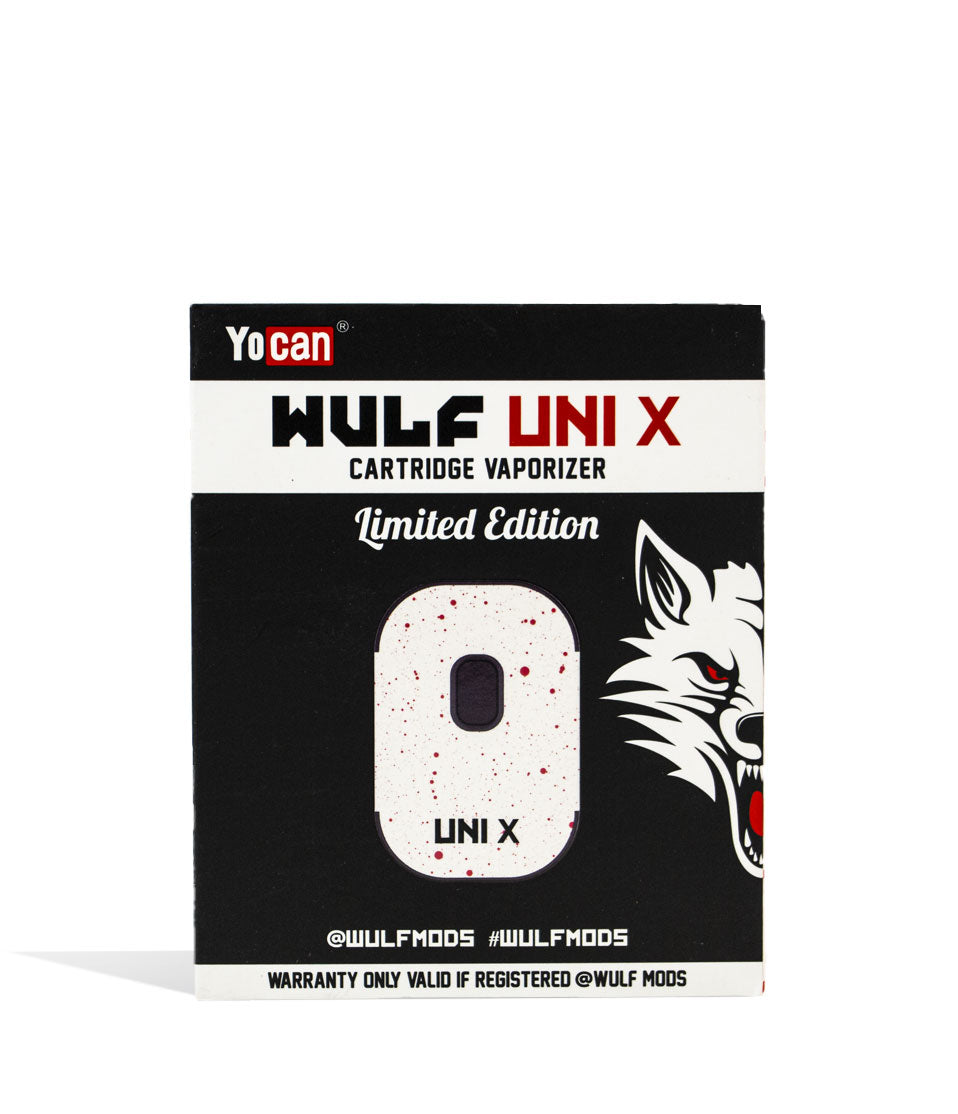 White Red Spatter Wulf Mods UNI X Cartridge Vaporizer Box on white background