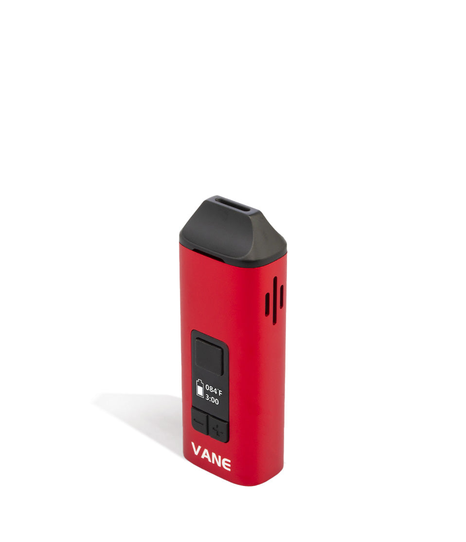 Red angle Yocan Vane Dry Herb Vaporizer on white studio background