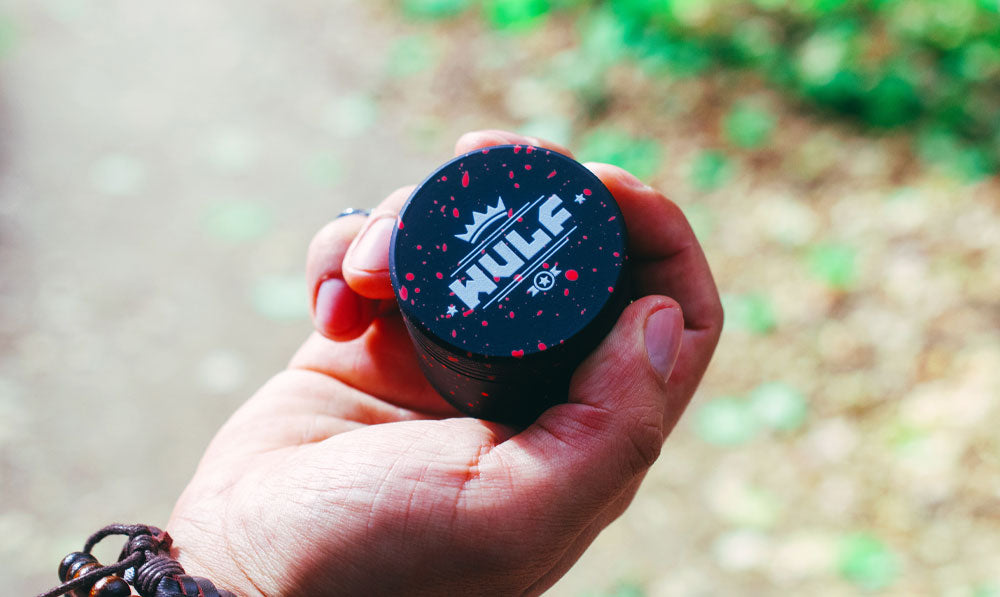 Man holding Wulf Grinder in front of park background