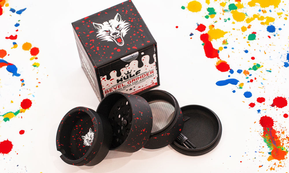 Wulf Mods Bevel Grinder resting on white surface with paint splatters nearby