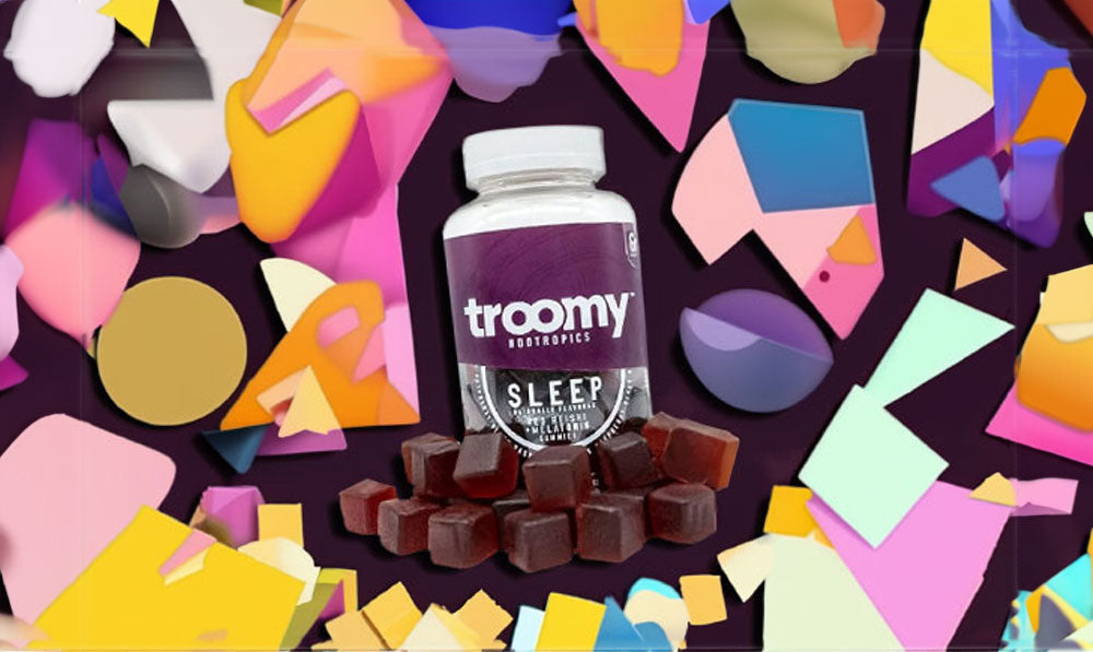 Troomy Nootropics Gummies with colorful retro background