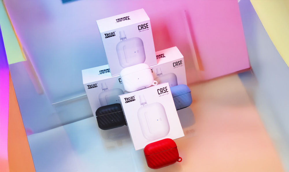 Yocan Black Case stacked on top of each other in prismatic colorful display shelf