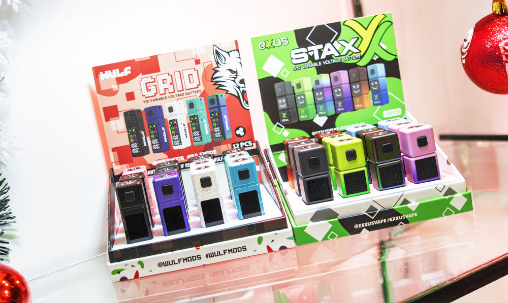 WULF Grid and Exxus Stax batteries in a Christmas retail display