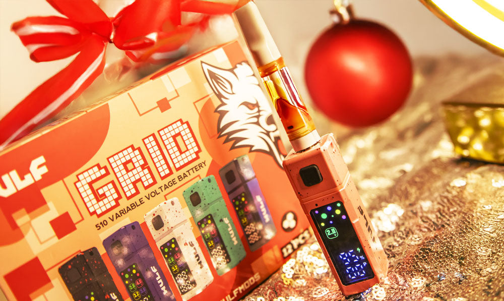 Wulf Grid on bright display with ornaments and bows nearby