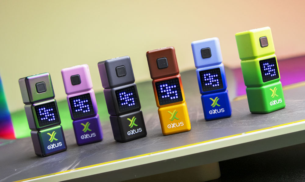 Exxus Stax on dark surface with colorful background