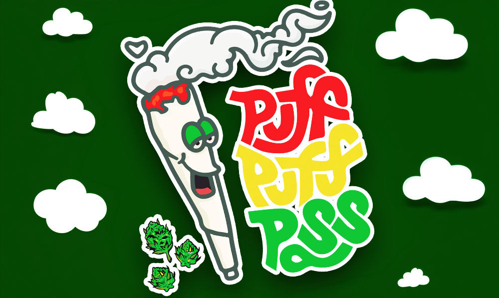 Puff Puff Pass graphic with talking joint and clouds stickers