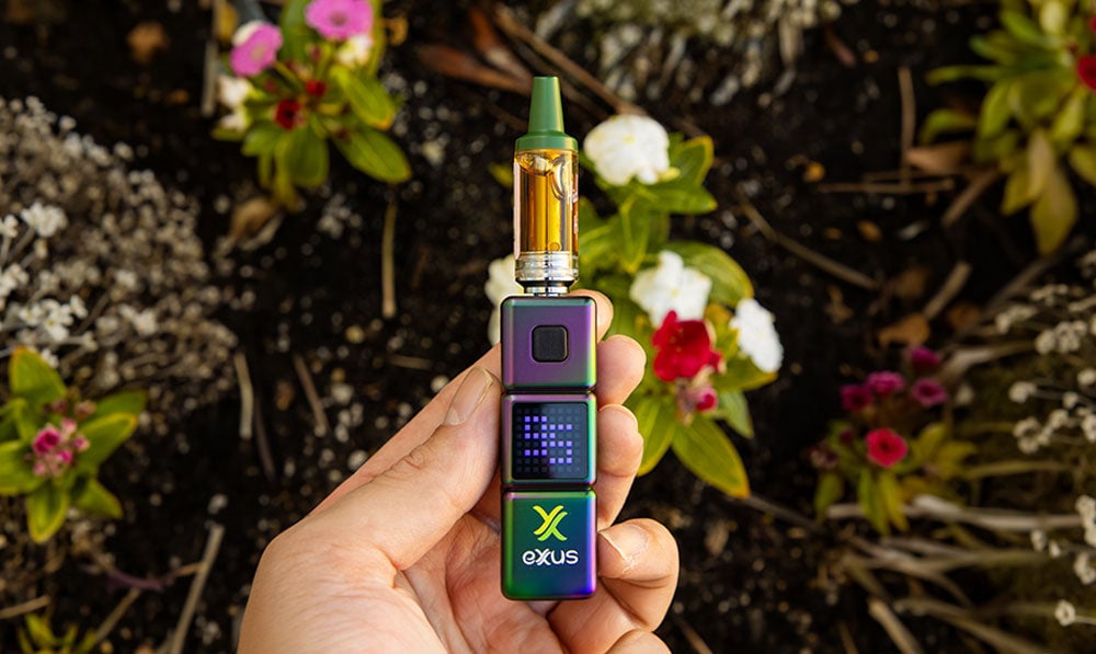 hand holding Exxus Vape STAX on floral background