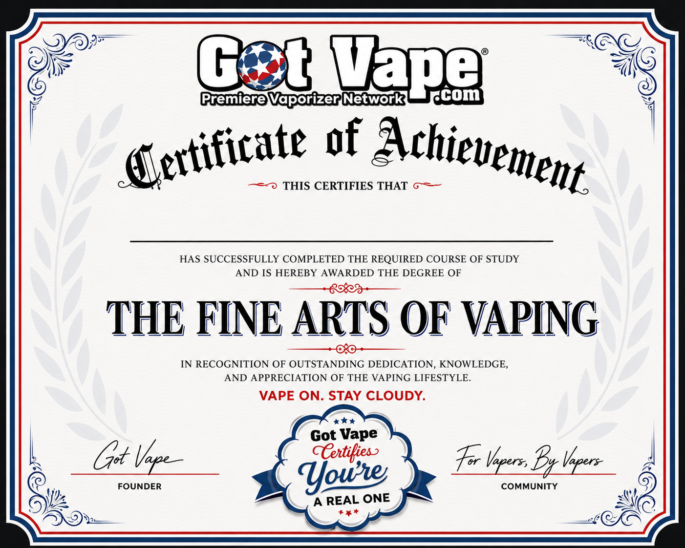 Certificate of Achievement for Vaping