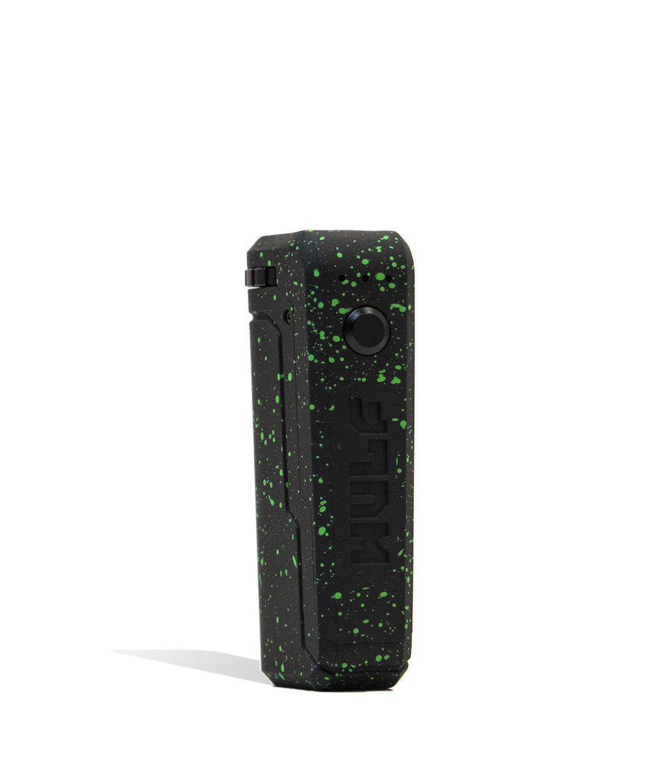 Black Green Spatter Right side view Wulf Mods UNI Adjustable 510 Thread Battery on white studio background