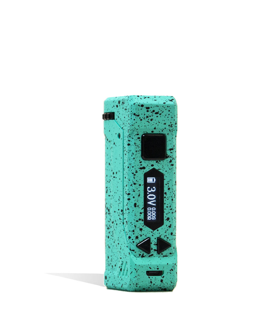 Teal Black Spatter Wulf Mods UNI Pro Adjustable 510 Thread Battery Front View on White Background