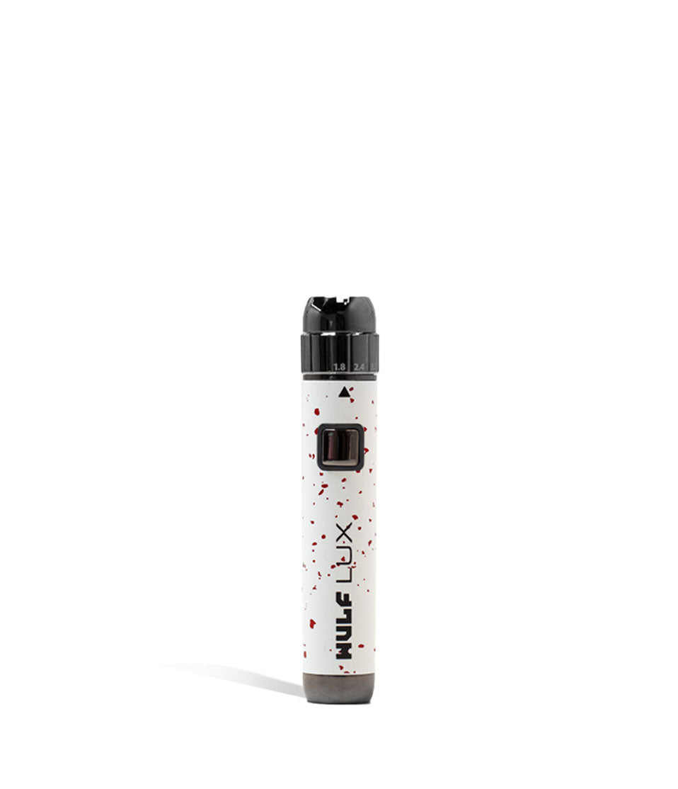 White Red Spatter Wulf Mods LUX 510 Thread Battery Front View on White Background