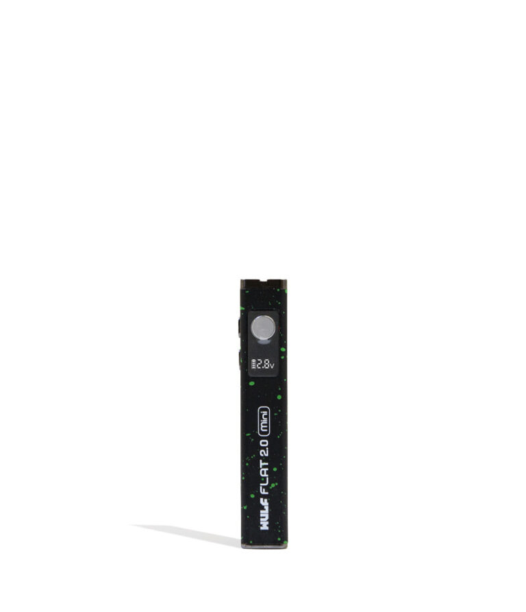 Black Green Spatter Wulf Mods Flat Mini 2.0 Variable Voltage Battery Front View on White Background