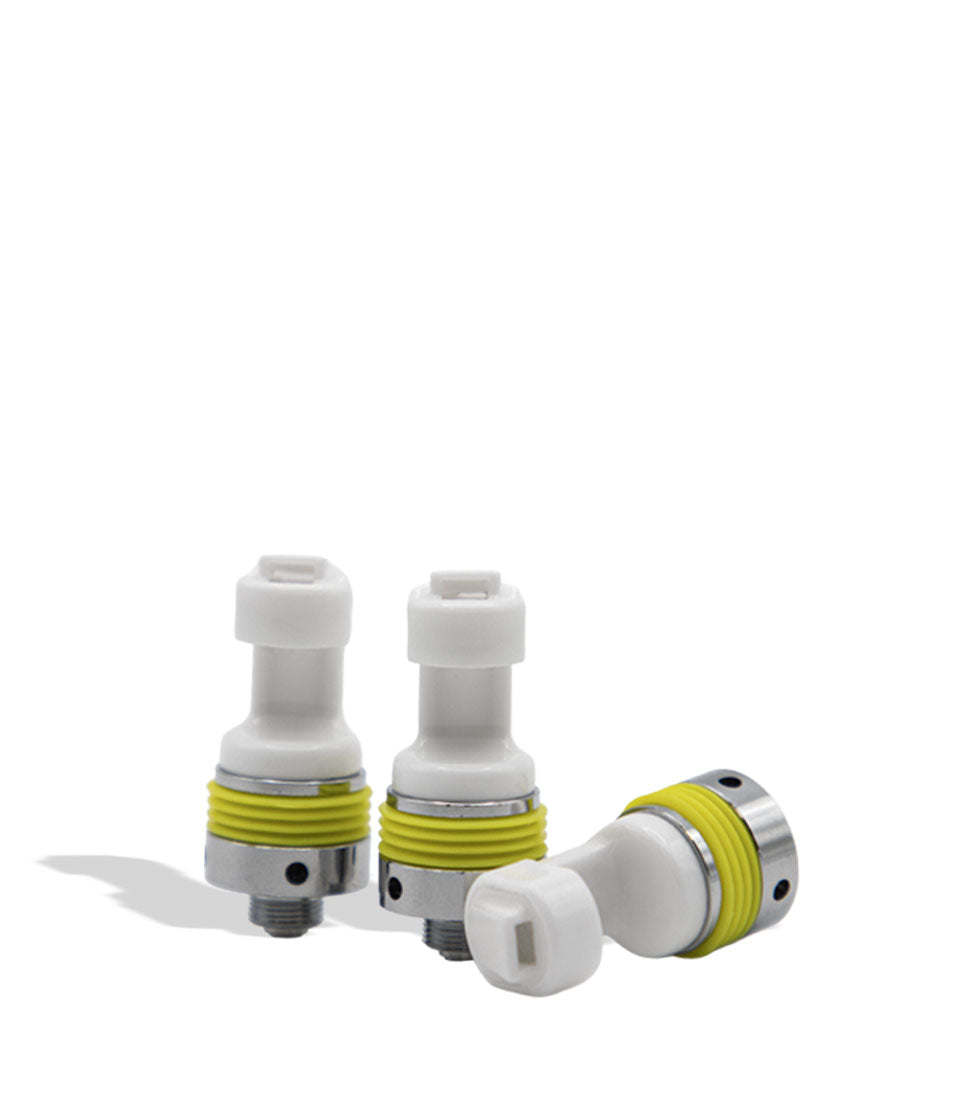 Three white and yellow hammer coil devices for vaping on a white background Lookah