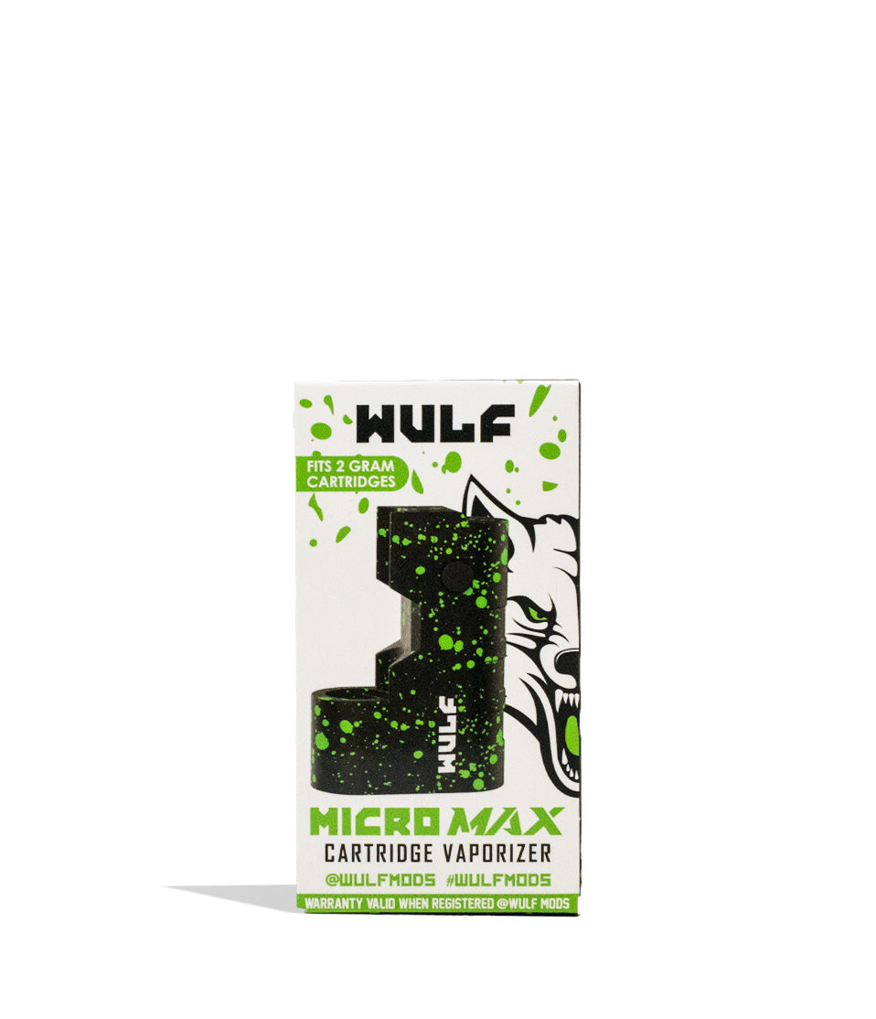 Black Green Spatter Packaging Wulf Mods Micro Max 2g 510 Thread Battery on white background