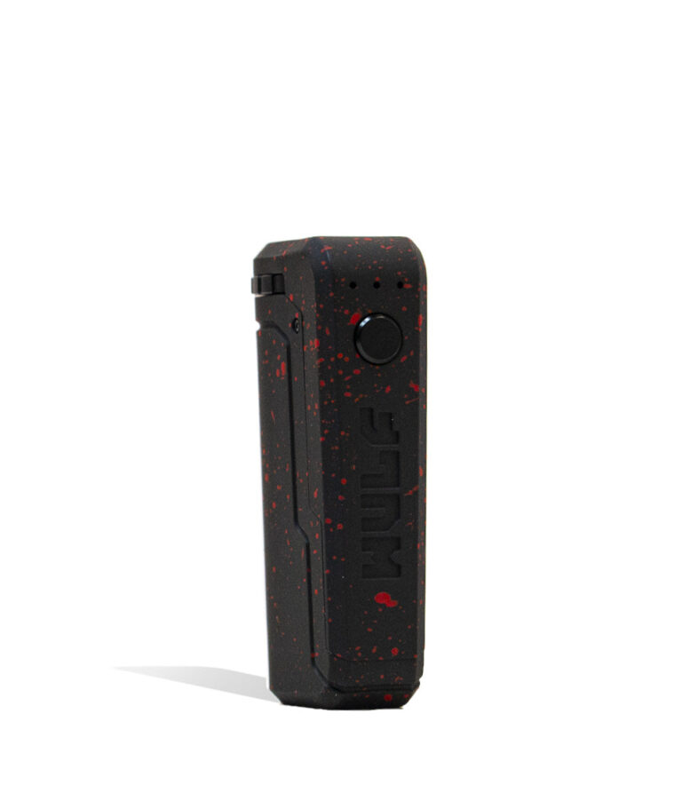 Black Red Spatter Right side view Wulf Mods UNI Adjustable 510 Thread Battery on white studio background