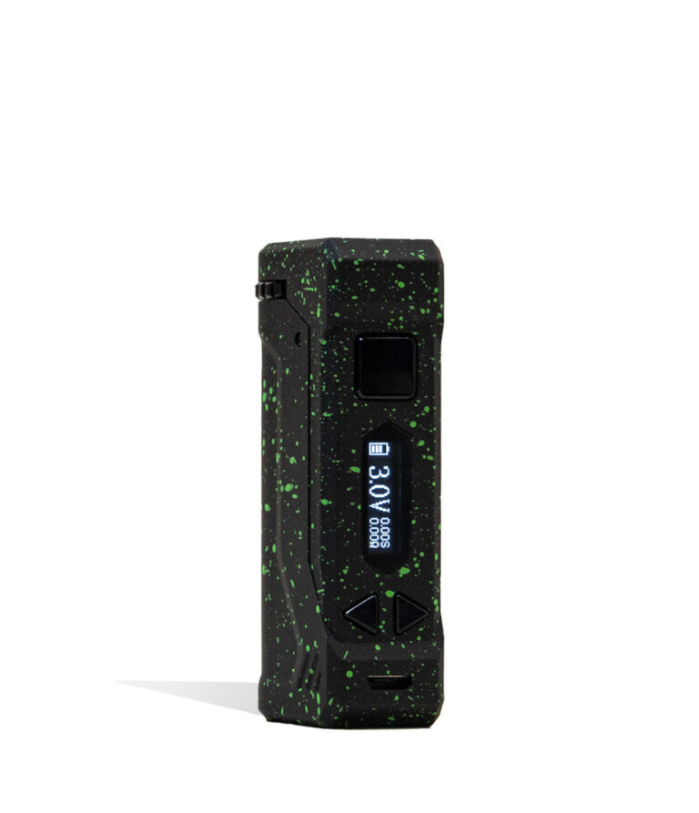 Black Green Spatter Wulf Mods UNI Pro Adjustable 510 Thread Battery Front View on White Background