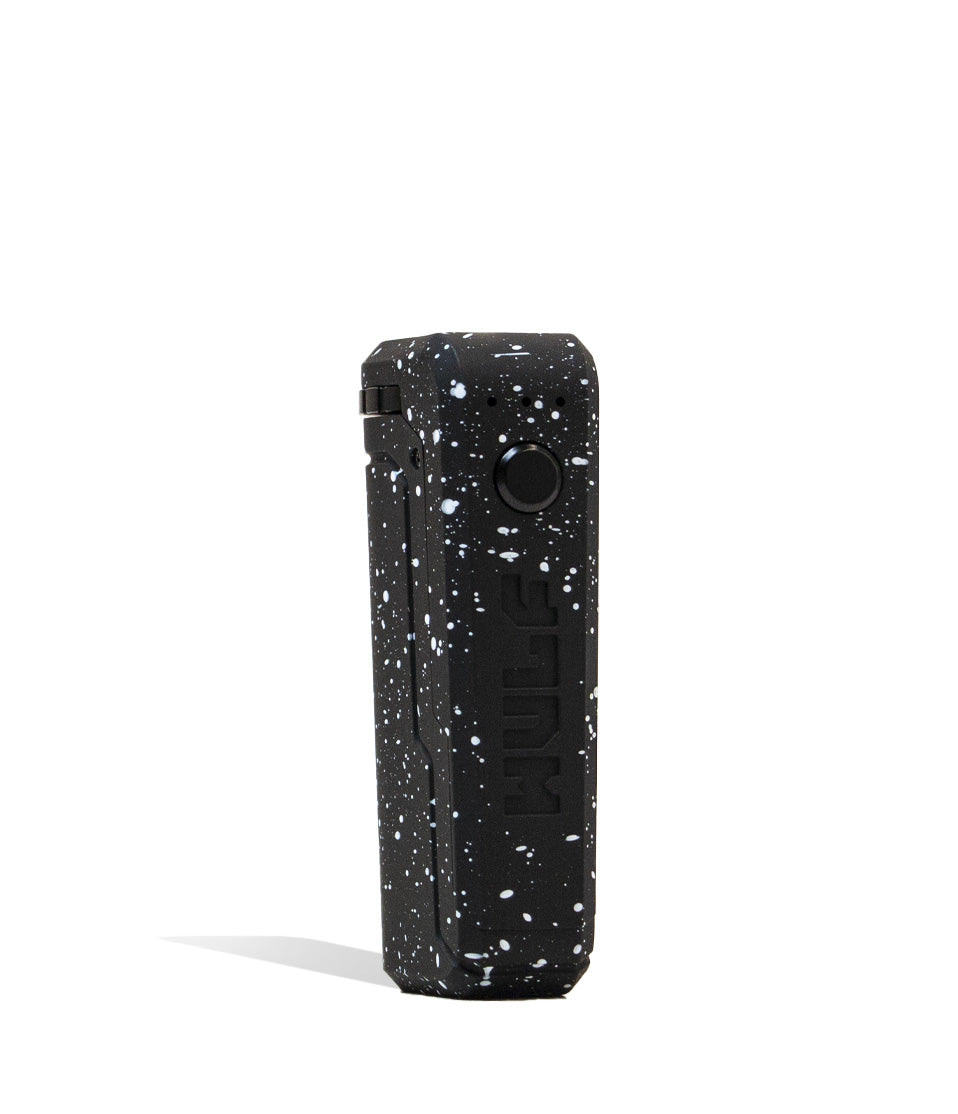 Black White Spatter Right side view Wulf Mods UNI Adjustable 510 Thread Battery on white studio background