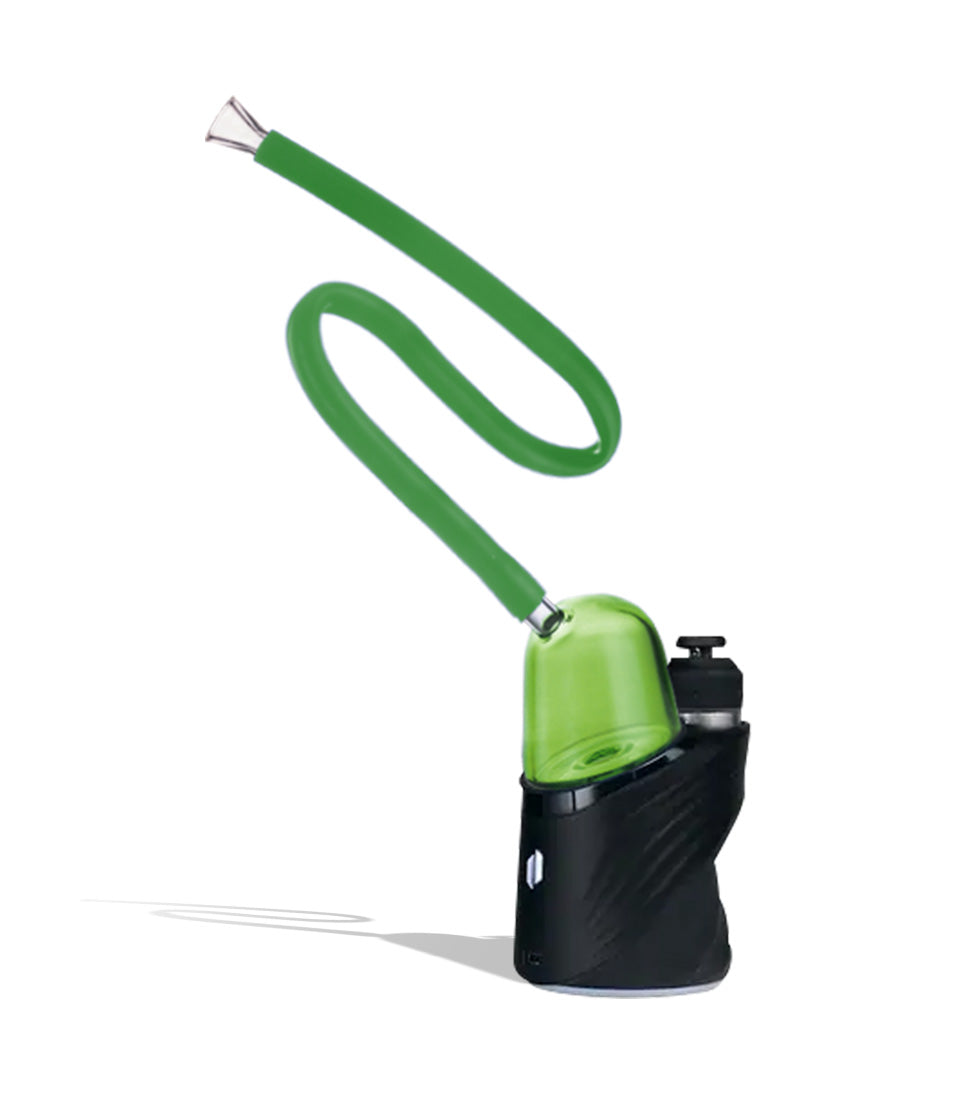 WULF Link Puffco Peak glass attachment in green, silicone tube coiled above a Puffco Peak base