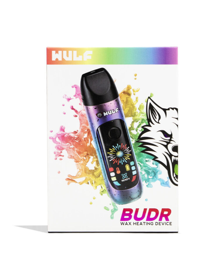 Full Color Spatter Wulf Mods Budr Portable Concentrate Vaporizer Packaging Front View on White Background