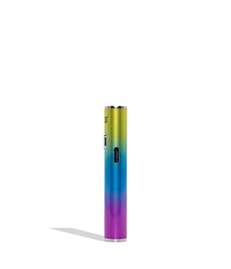 WULF MODS Hito, a slim cylindrical vape device with a metallic rainbow gradient transitioning from yellow-green to blue and purple, standing upright on a white background with a soft shadow exposing its USB-C port.