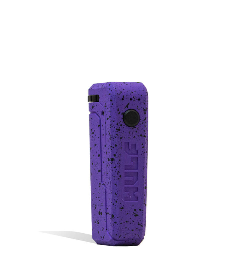 Purple Black Spatter Right side view Wulf Mods UNI Adjustable 510 Thread Battery on white studio background