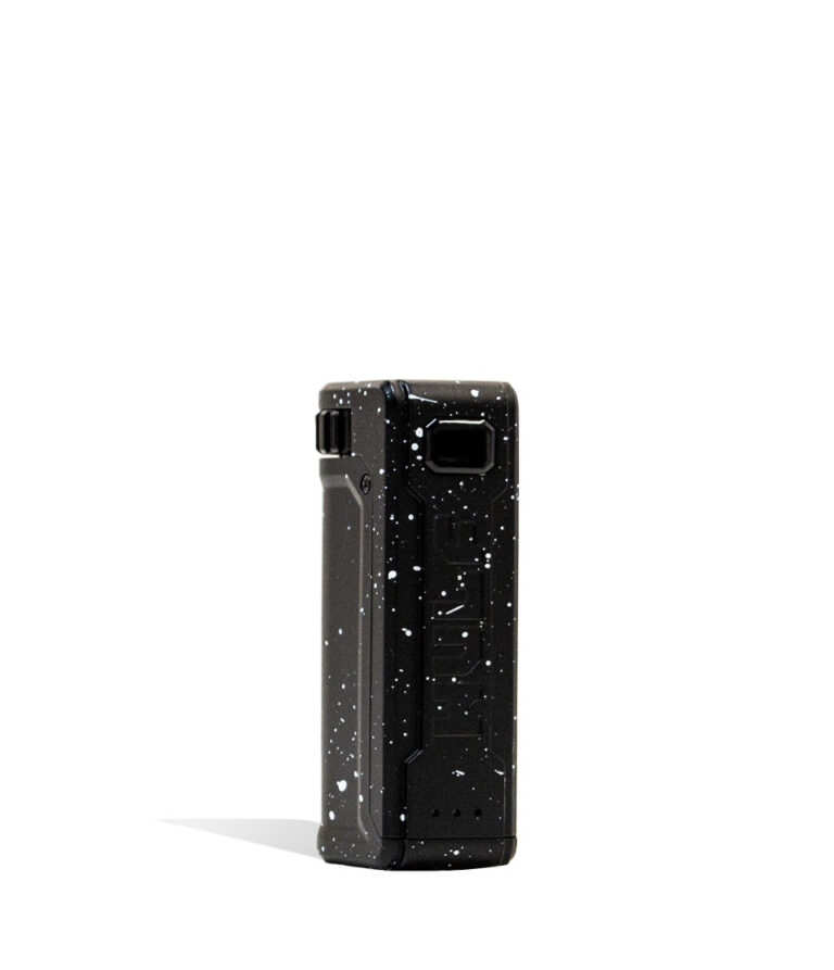 Black White Spatter Front View Wulf Mods UNI S Adjustable 510 Thread Battery on white background