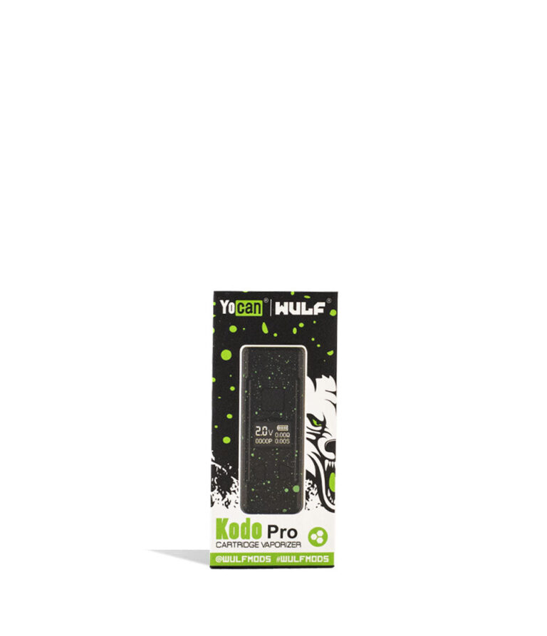 Black Green Spatter Wulf Mods KODO Pro 510 Thread Battery Packaging Front View on White Background