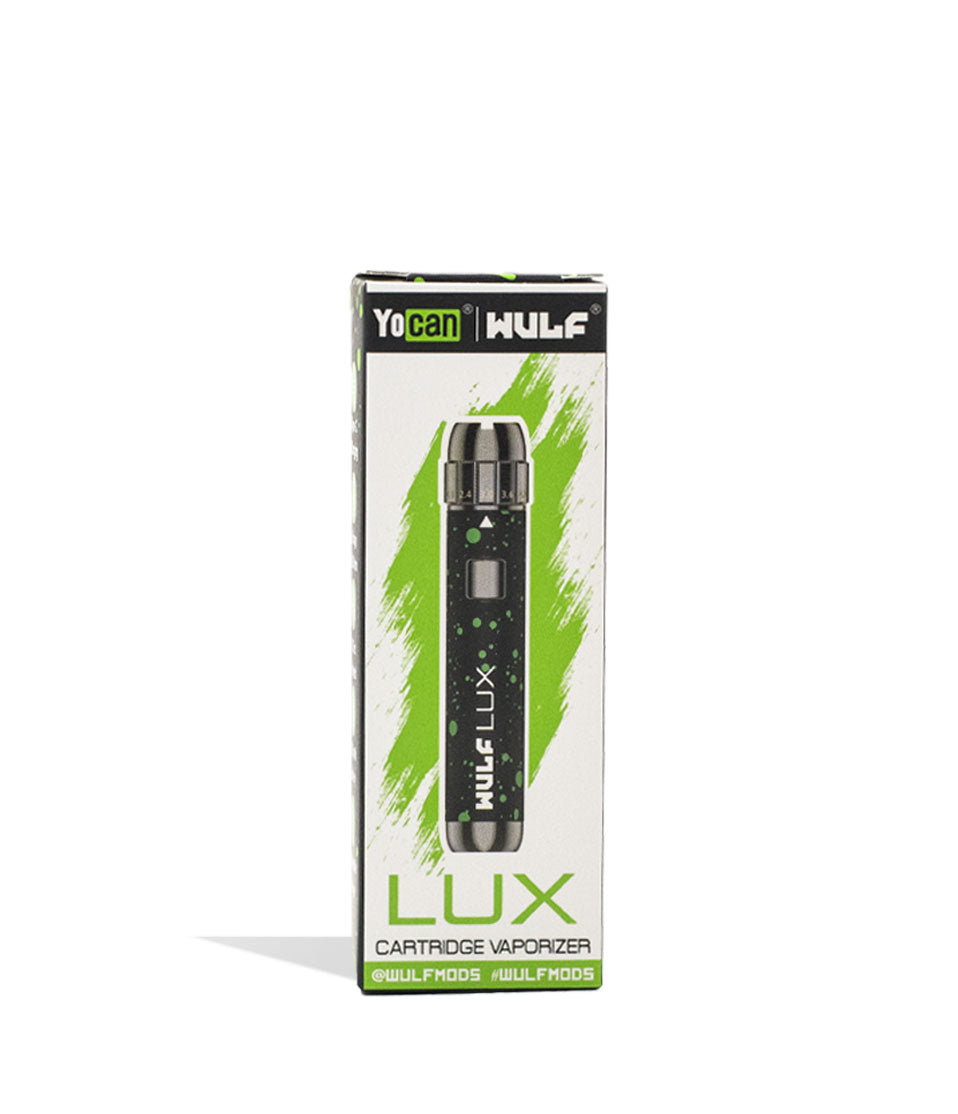 Black Green Spatter Wulf Mods LUX 510 Thread Battery Packaging Front View on White Background