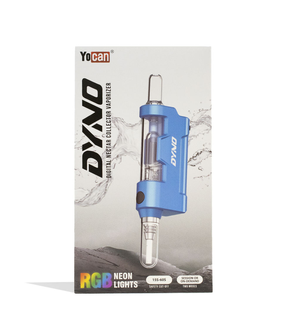 Yocan Dyno digital nectar collector with glass bubbler in blue, in its retail packaging