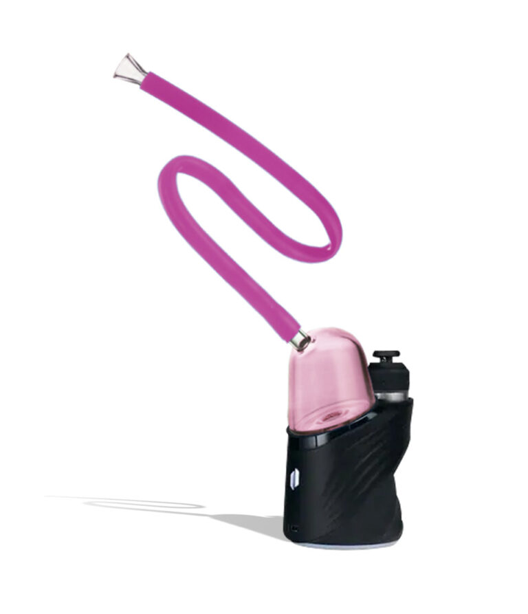 WULF Link Puffco Peak glass attachment in pink, silicone tube coiled above a Puffco Peak base
