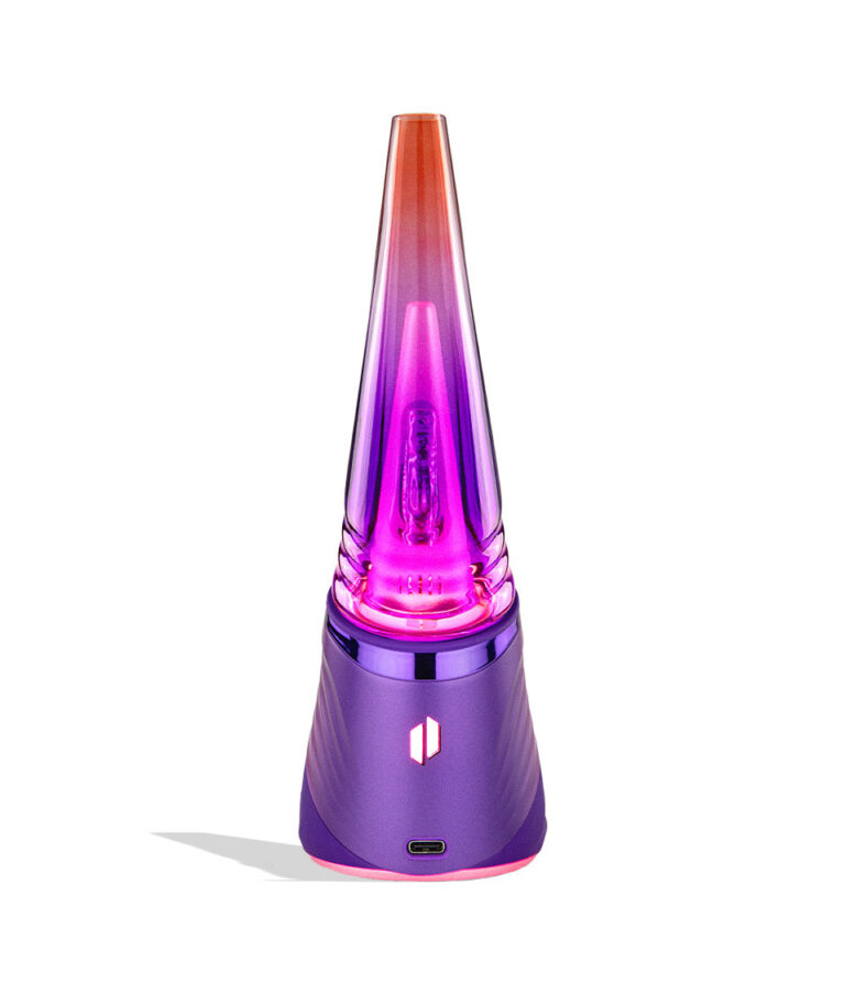 Puffco Peak Pro Limited Edition Plasma concentrate vaporizer with the glass lit, back view