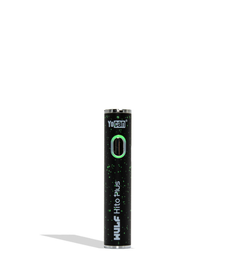 WULF Mods Yocan Hito Plus vaporizer 510 battery standing vertically upright on a white background in the color variant black green spatter