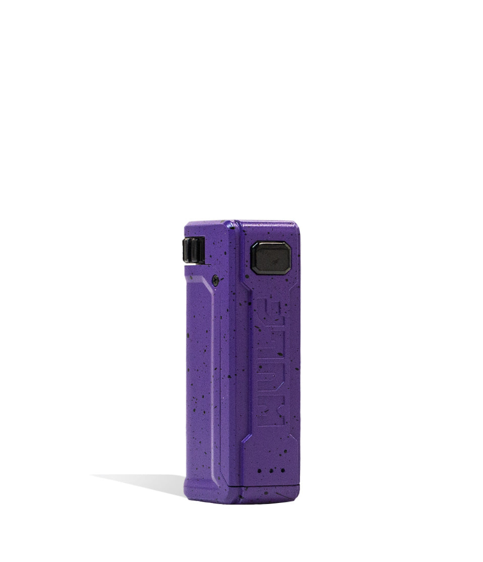 Purple Black Spatter Front View Wulf Mods UNI S Adjustable 510 Thread Battery on white background