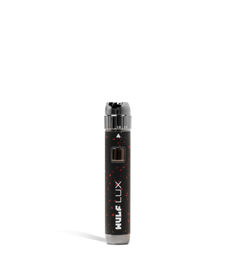 Black Red Spatter Wulf Mods LUX 510 Thread Battery Front View on White Background
