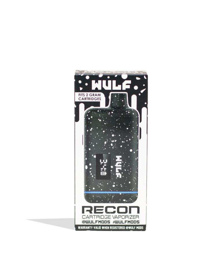 Black White Spatter Wulf Mods Recon 510 Thread Battery Packaging Front View on White Background